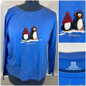 Blue Long Sleeve Shirt Sz XL womens cut Winter Penguins Brrr Glitter Accents